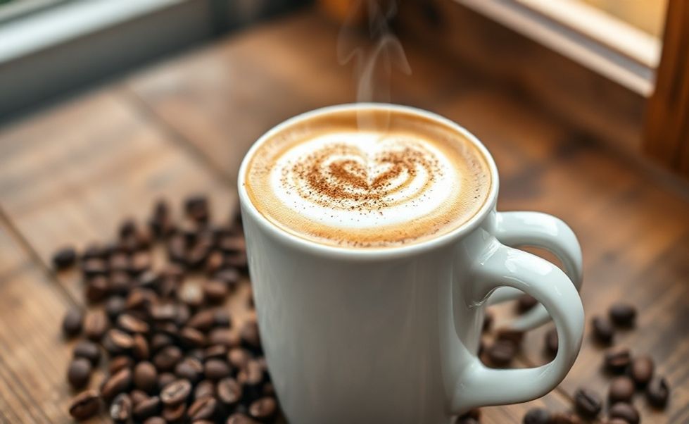 Cappuccino caseiro perfeito com espuma cremosa, polvilhado de canela e cacau, servido em xícara branca sobre mesa rústica de madeira