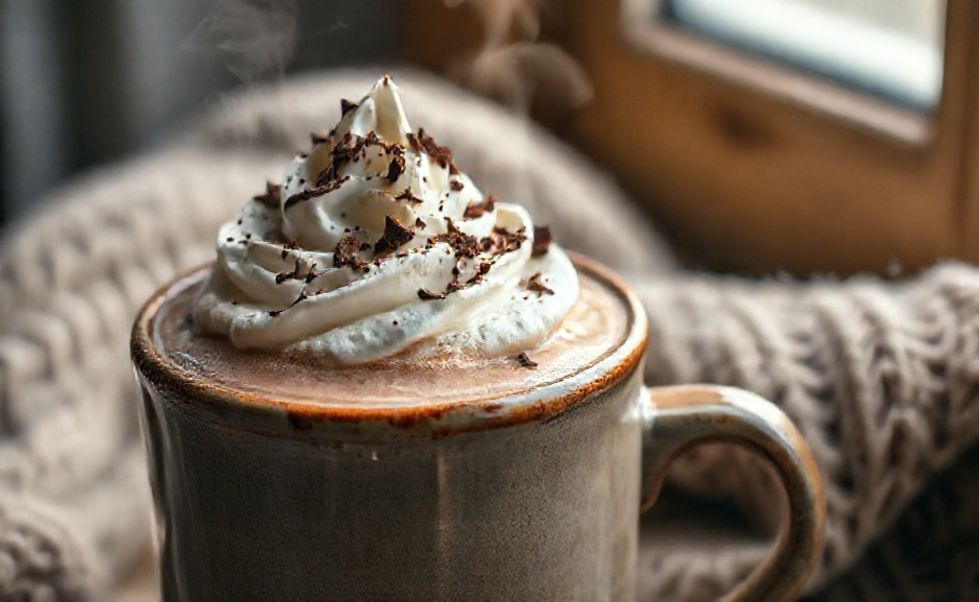 Copo de chocolate quente cremoso com chantilly e raspas de chocolate, vapor saindo da bebida, apresentação convidativa dos ingredientes chocolate quente