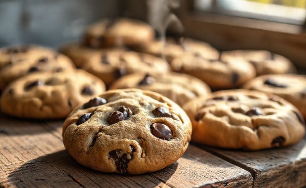 Cookies caseiros recém-saídos do forno com bordas douradas e centro macio, gotas de chocolate derretidas visíveis em superfície irregular