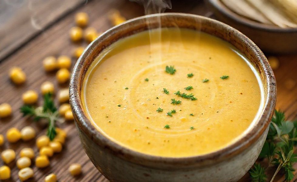 Creme de milho cremoso servido em tigela com textura aveludada e cor dourada, decorado com salsinha fresca - ingredientes creme de milho transformados em prato reconfortante