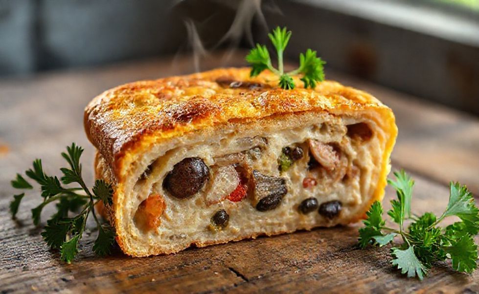 Fatia de cuscuz paulista tradicional mostrando textura úmida com pedaços de sardinha, azeitonas e legumes em apresentação apetitosa