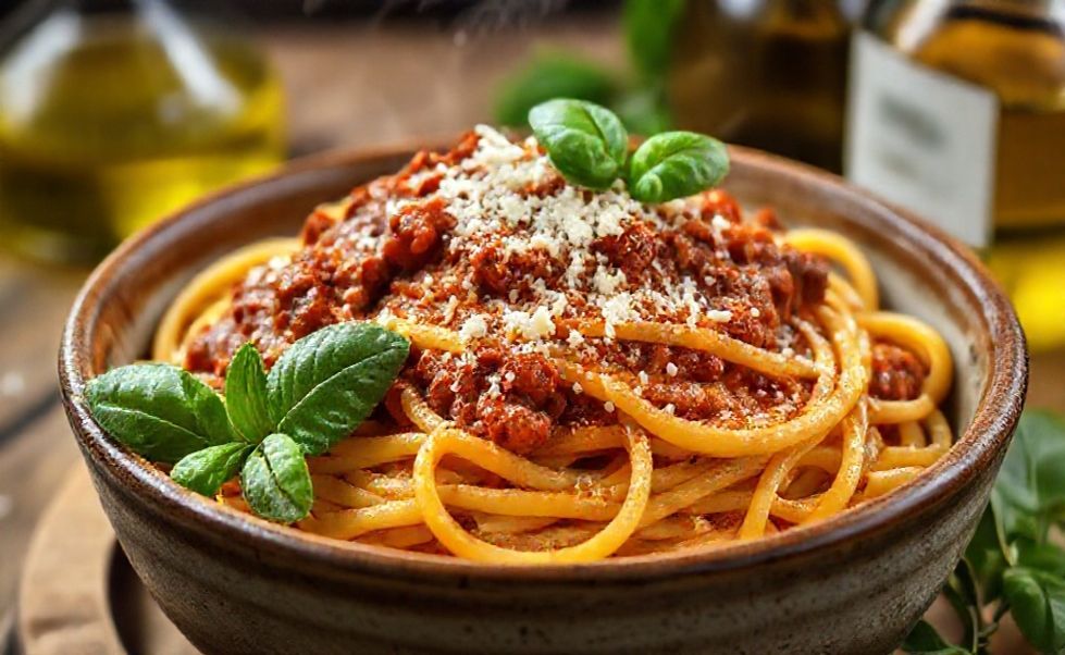 Macarronada caseira com molho de carne cremoso em bowl cerâmico, espaguete al dente coberto com manjericão fresco e queijo parmesão ralado