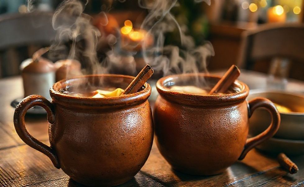 Quentão brasileiro servido em caneca de barro com pedaços de maçã e canela, líquido âmbar fumegante com ingredientes de quentão visíveis