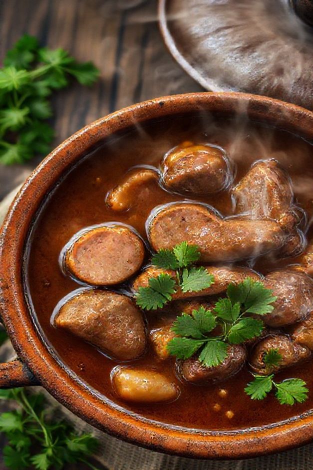 Prato tradicional de ingredientes dobradinha servido em panela de barro, com caldo encorpado, tripa macia e linguiça calabresa, decorado com salsinha fresca