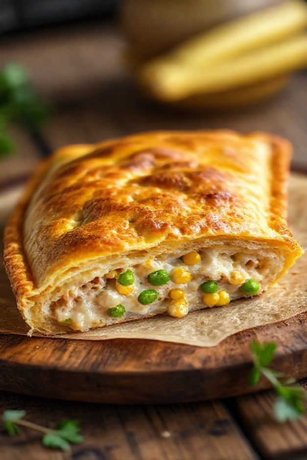 Empadão brasileiro recém-assado com massa dourada e recheio cremoso de frango, milho e ervilhas, cortado mostrando as camadas perfeitas