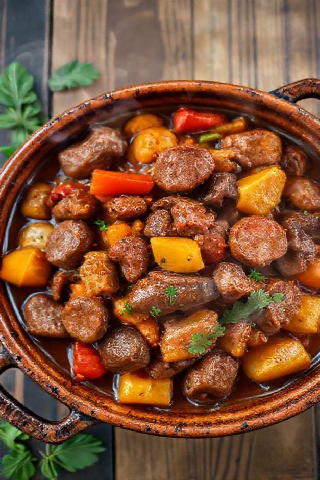 Ingredientes entrevero servido em assadeira de barro com carnes suculentas, legumes coloridos e molho aromático, prato tradicional brasileiro
