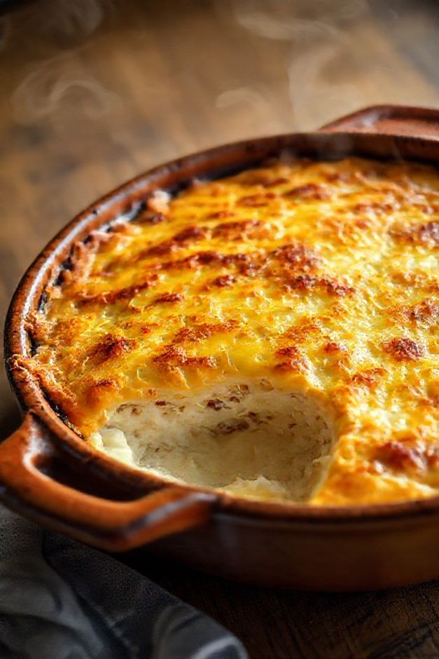 Ingredientes escondidinho de frango recém-saído do forno com queijo dourado e purê cremoso em destaque