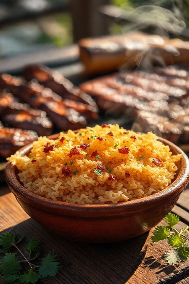 Farofa brasileira dourada com pedaços crocantes de bacon e salsinha fresca, servida em bowl de barro durante churrasco tradicional