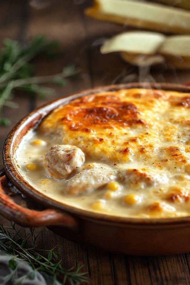 Fricassê simples cremoso com pedaços de frango dourados, milho e ervilhas, servido em assadeira com batata palha crocante por cima