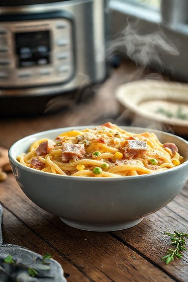 Macarrão cremoso feito na panela de pressão com presunto, queijo, milho e ervilha, servido em bowl com queijo derretido visível