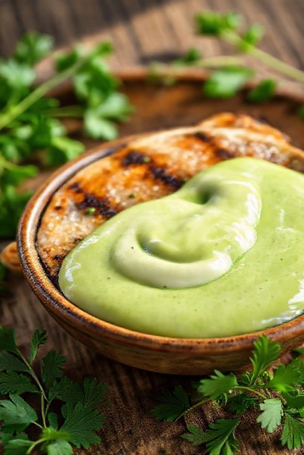 Maionese verde caseira cremosa em tigela cerâmica com ervas frescas, acompanhando frango grelhado em fundo rústico de madeira