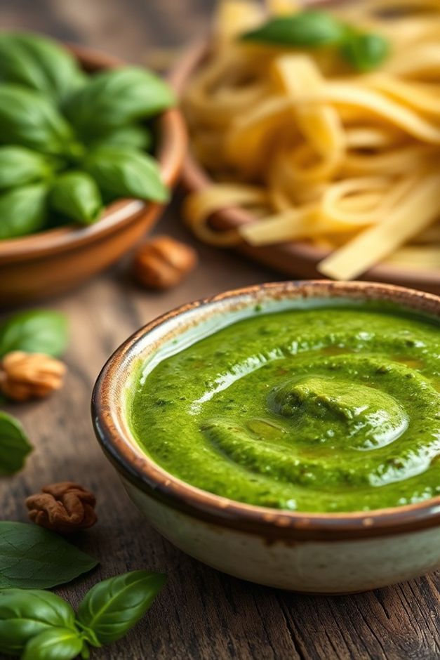 Molho pesto fresco de cor verde vibrante em tigela cerâmica, mostrando textura cremosa com pedaços de manjericão e nozes visíveis