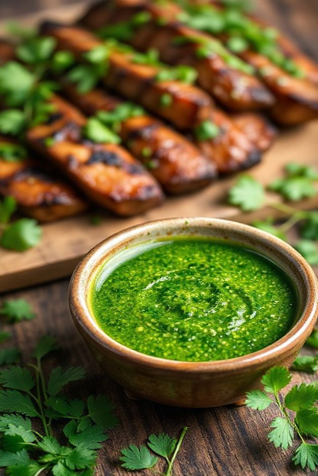 Molho verde fresco em tigela cerâmica com ervas picadas, perfeito para carnes grelhadas e acompanhamentos diversos