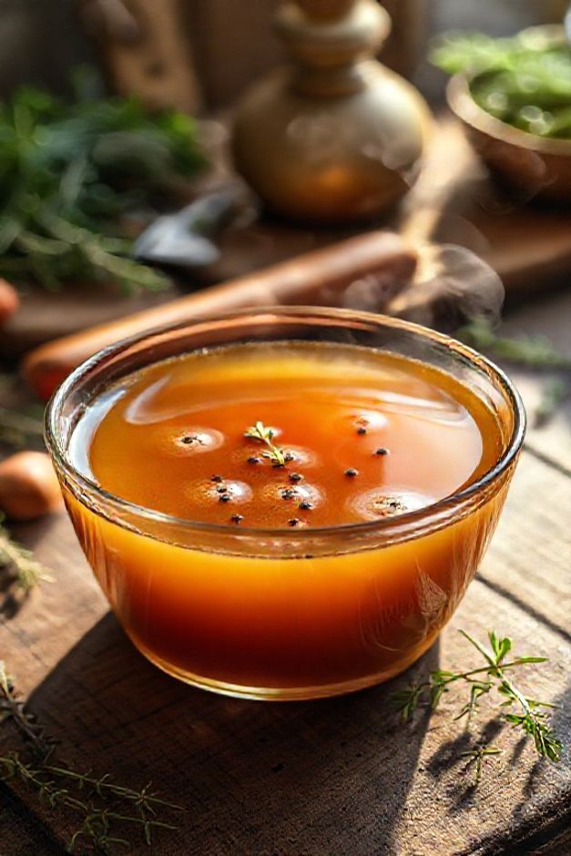 Caldo de carne caseiro dourado e límpido em tigela de vidro, mostrando ingredientes para caldo de carne transformados em líquido aromático com ervas frescas