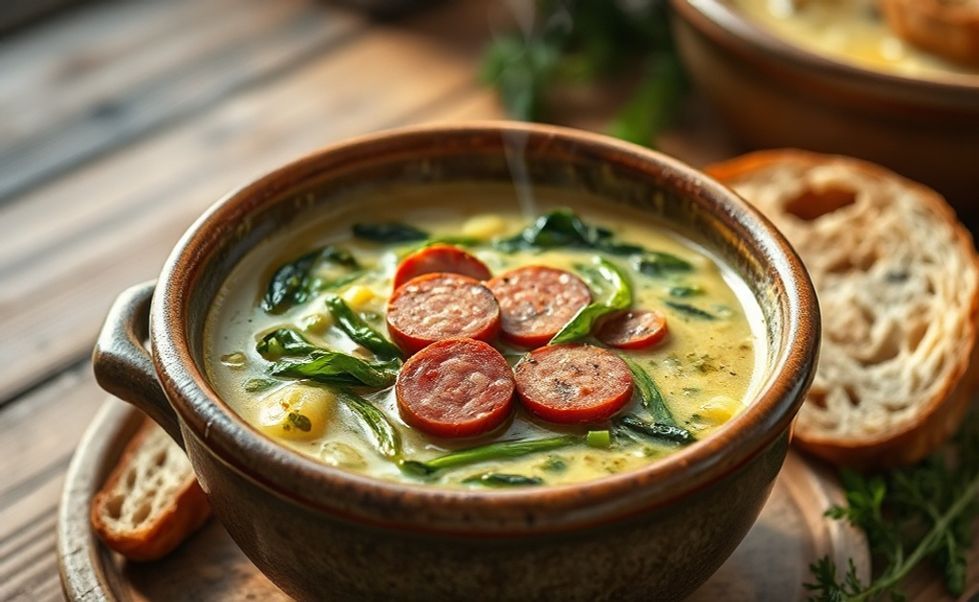 Caldo verde tradicional português em tigela cremosa com couve em tiras finas e rodelas de chorizo, mostrando textura aveludada e cores vibrantes dos ingredientes para caldo verde