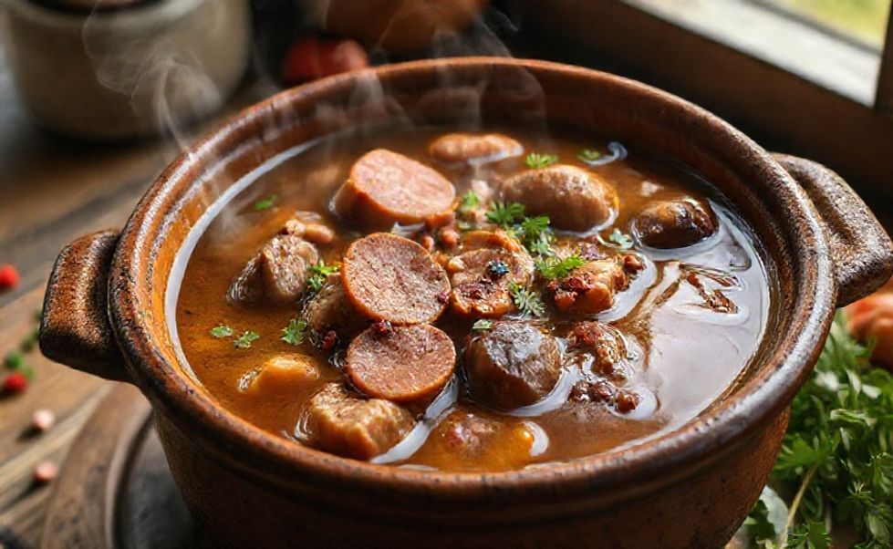 Prato tradicional de ingredientes para dobradinha servido em panela de barro, com pedaços macios de dobradinha em caldo aromático acompanhados de linguiça e temperos frescos