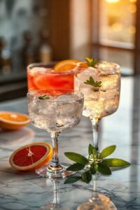 Seleção premium de ingredientes para drinks incluindo bebidas destiladas, frutas frescas e ervas aromáticas organizadas artisticamente para preparo de coquetéis