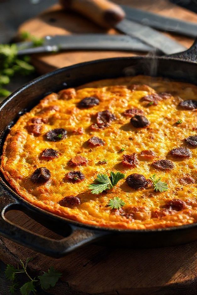 Farofa brasileira crocante com bacon, passas e azeitonas em frigideira de ferro, ingredientes para farofa perfeitamente integrados