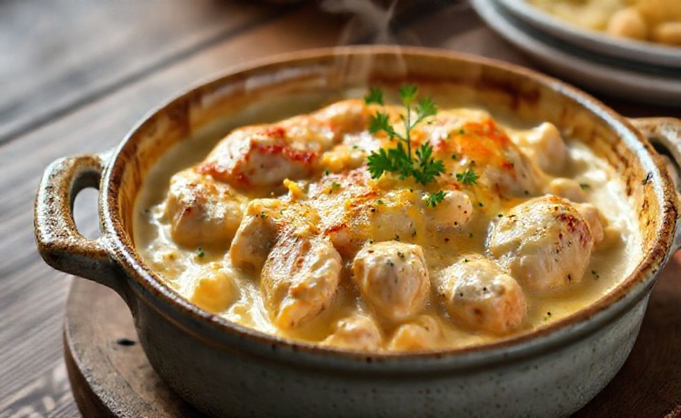 Fricassê de frango cremoso servido em travessa, com queijo derretido por cima e salsa fresca como decoração, prato tradicional brasileiro