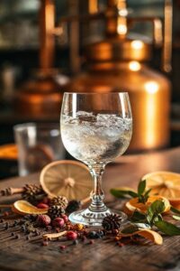 Gin artesanal cristalino em copo elegante cercado por ingredientes para gin: bagas de zimbro, cascas cítricas e especiarias sobre mesa rústica