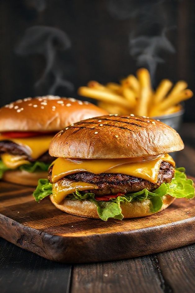 Hambúrguer caseiro suculento feito com ingredientes para hambúrguer simples, mostrando carne dourada com queijo derretido em pão artesanal