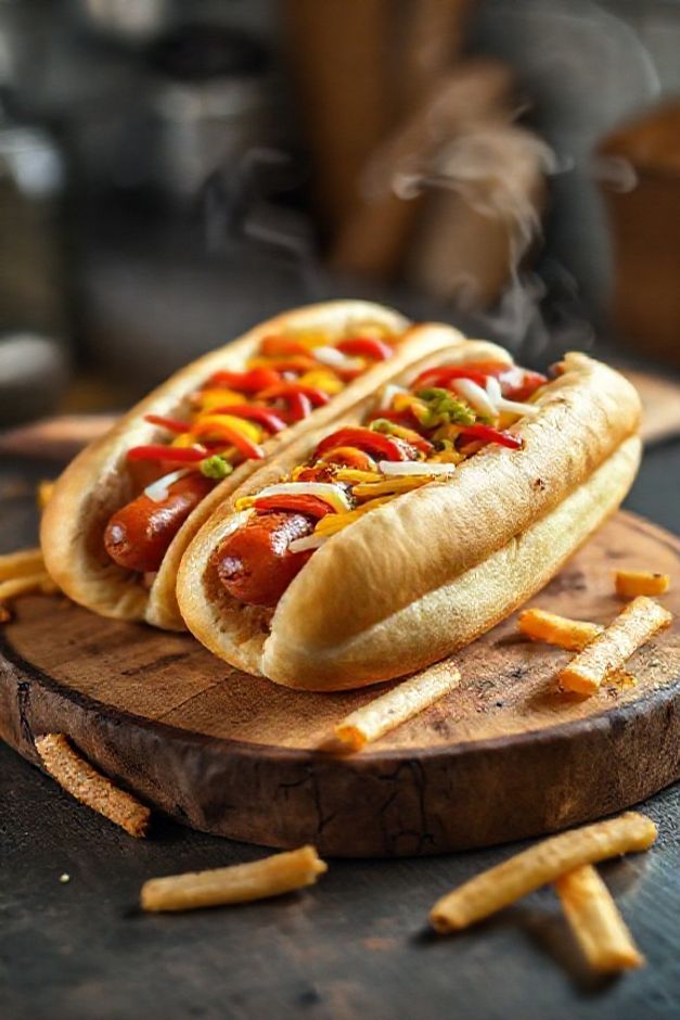 Hot dog simples montado com ingredientes frescos: pão dourado, salsicha suculenta, molhos e acompanhamentos coloridos sobre tábua de madeira