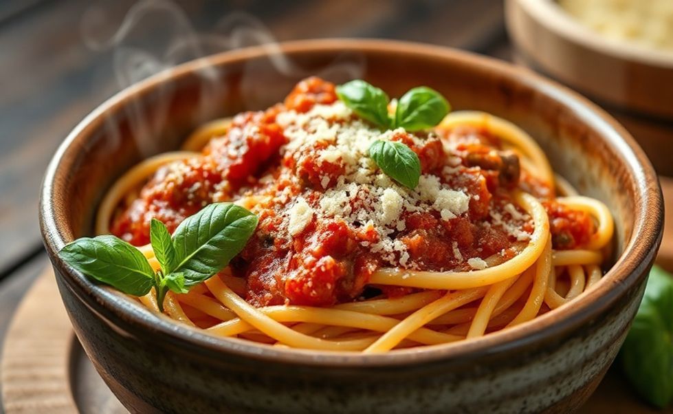 Macarronada caseira com molho de carne em tigela cerâmica, espaguete al dente coberto com molho vermelho vibrante e queijo parmesão ralado