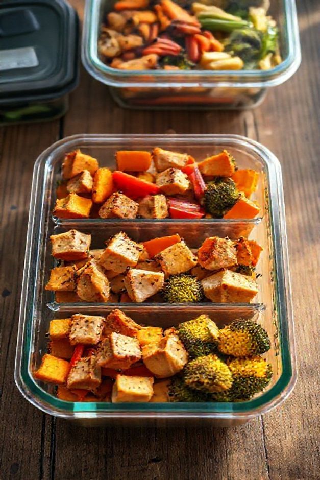 Marmita fitness com frango assado, batata doce e legumes coloridos - ingredientes para marmita fitness organizados em recipiente transparente