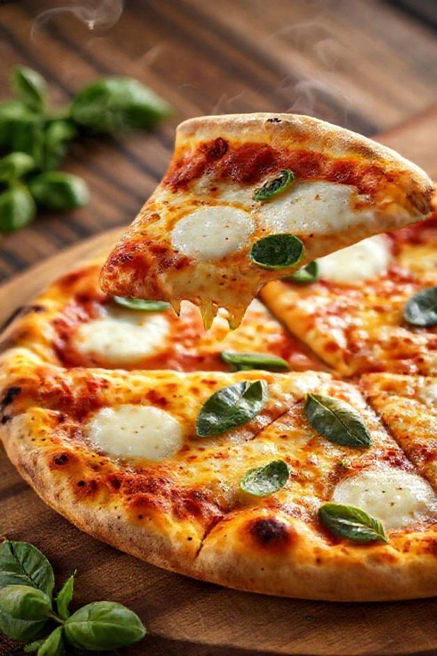 Pizza caseira feita com ingredientes para pizza simples, massa dourada e crocante, queijo derretido borbulhante e folhas de manjericão fresco sobre fundo rústico