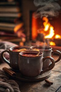 Vinho quente aromático servido em caneca com rodelas de laranja e canela, mostrando os ingredientes para vinho quente em apresentação convidativa