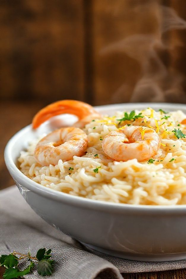 Risoto de camarão cremoso em tigela branca com camarões rosados, arroz arbóreo perfeito e decorado com salsinha fresca e raspas de limão