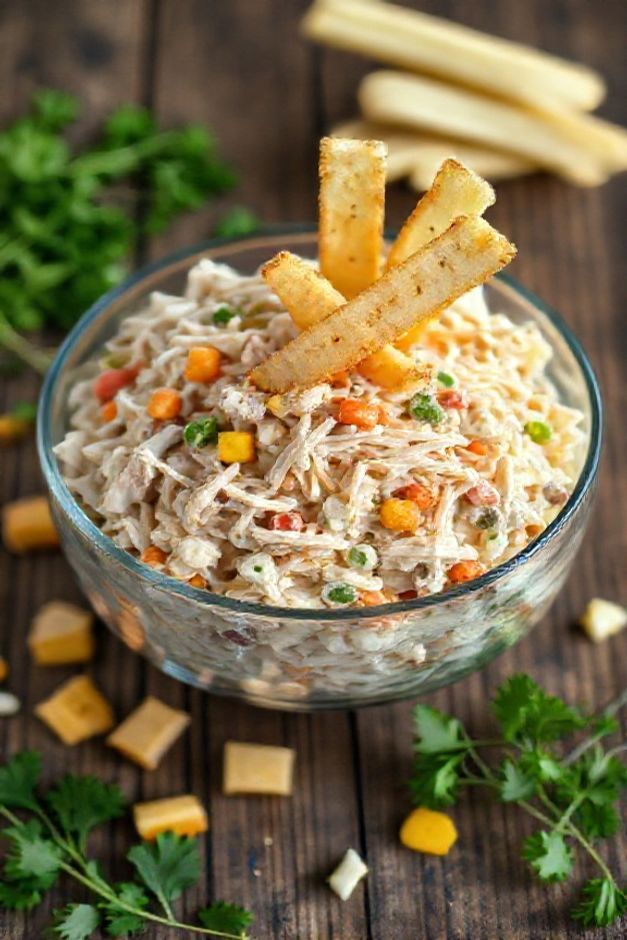 Salpicão de frango cremoso servido em taça transparente mostrando textura cremosa com batata palha crocante por cima e ingredientes coloridos