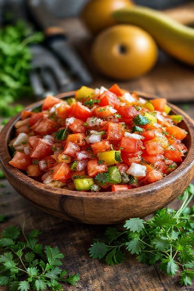Tigela com ingredientes vinagrete coloridos - tomates vermelhos, pimentões verde e vermelho, cebola e salsa fresca temperados com azeite