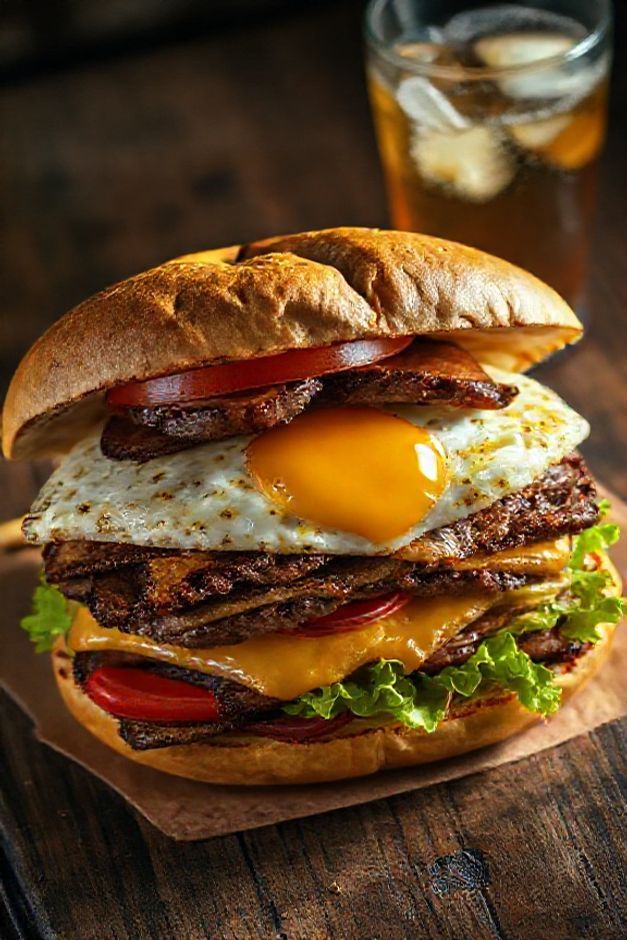 Sanduíche ingredientes x tudo aberto mostrando camadas de carne, queijo derretido, ovo frito e vegetais em pão tostado