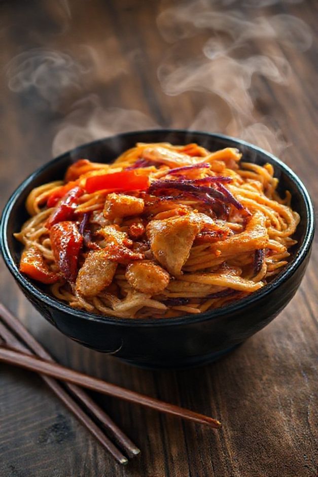 Prato finalizado de ingredientes yakisoba frango com legumes coloridos, macarrão envolto em molso brilhante e tiras de frango douradas servido em bowl tradicional