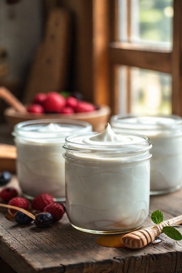 Iogurte caseiro cremoso em pote de vidro com textura aveludada, acompanhado de frutas vermelhas frescas e fio de mel dourado