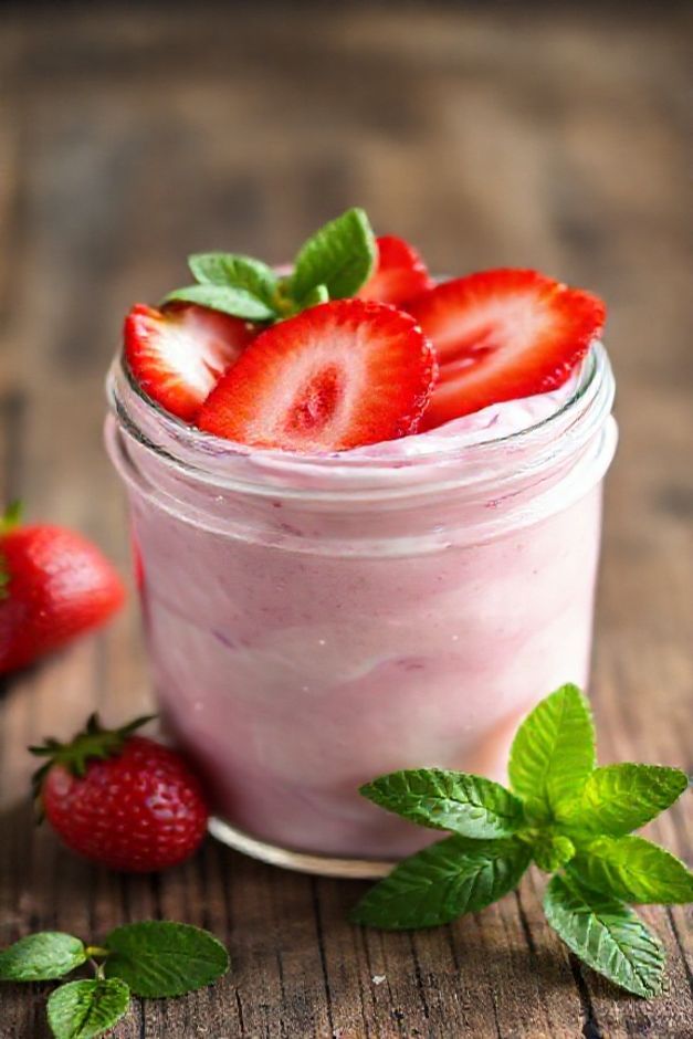 Iogurte rosa natural sabor morango caseiro em pote de vidro com morangos frescos, textura cremosa e cor vibrante natural