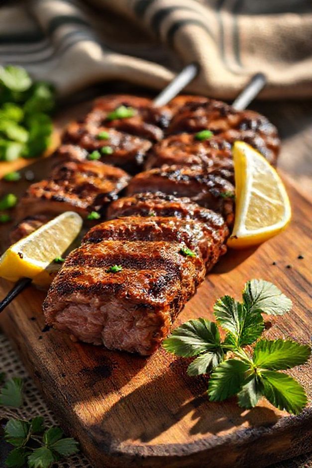 Kafta ingredientes - espetos de carne temperada grelhada com ervas frescas e limão, apresentação tradicional libanesa