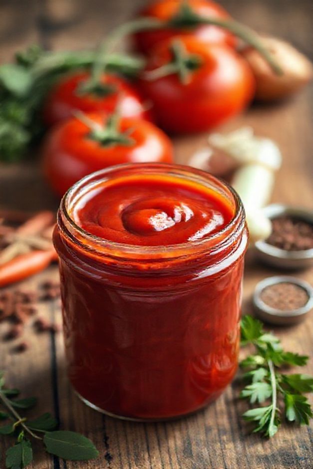 Ketchup caseiro simples em jarra de vidro com cor vermelha vibrante e textura cremosa, acompanhado de tomates frescos e especiarias