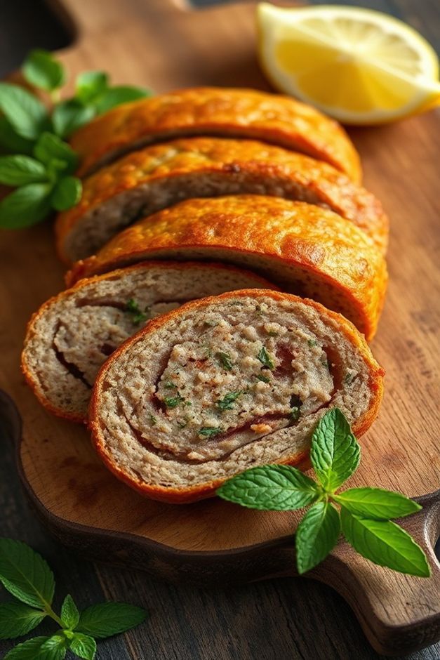 Kibe assado dourado cortado mostrando interior suculento com ervas, acompanhado de limão e hortelã - resultado perfeito dos ingredientes do kibe