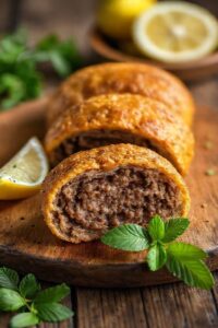 Kibe ingredientes assado dourado com recheio de carne temperada, decorado com hortelã fresca e limão em fundo rústico