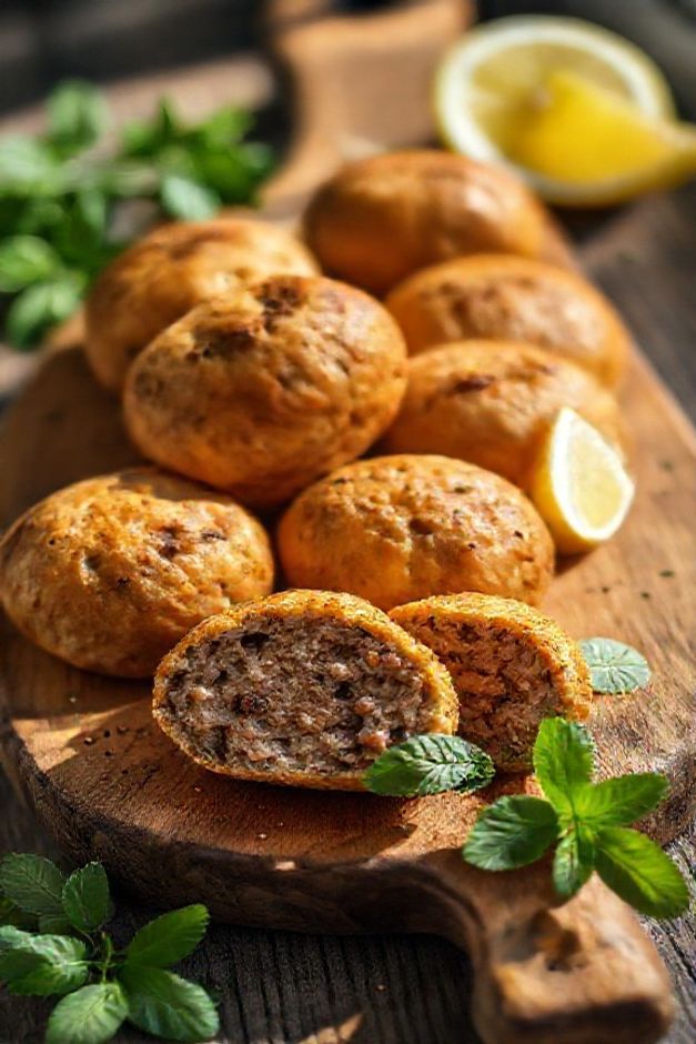 Kibe assado dourado com interior suculento mostrando os ingredientes para fazer kibe, decorado com hortelã fresca e limão em tábua de madeira rústica