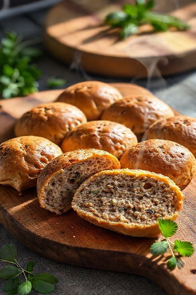 Kibe assado dourado com crosta crocante e interior suculento, preparado com ingredientes para kibe tradicionais incluindo hortelã fresca