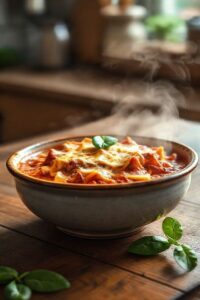 Lasagna soup recipe servida em bowl cerâmico com massa visível, molho tomate encorpado, queijo derretido dourado e manjericão fresco decorando