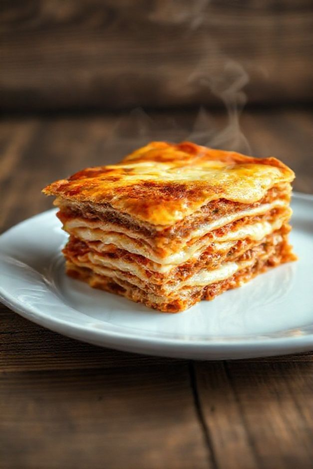 Fatia de lasanha de carne caseira mostrando camadas perfeitas de massa, molho e queijo derretido - resultado dos ingredientes para fazer lasanha de carne selecionados