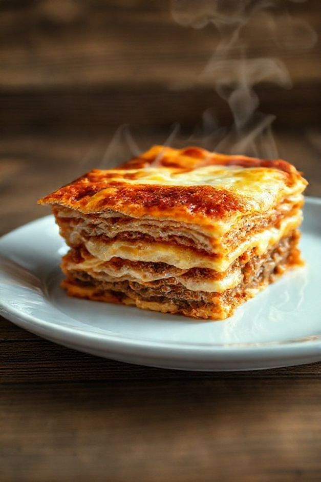 Fatia generosa de lasanha de carne ingredientes mostrando camadas perfeitas de massa, molho de carne e queijo gratinado dourado