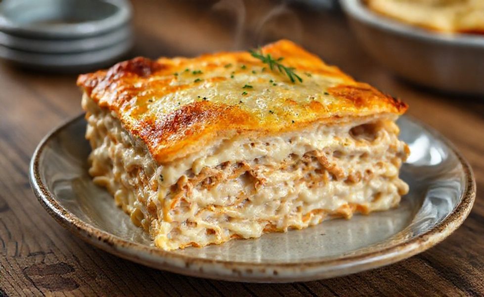 Lasanha de frango recém-saída do forno com queijo derretido dourado, mostrando camadas perfeitas de massa, frango e molhos cremosos em corte transversal