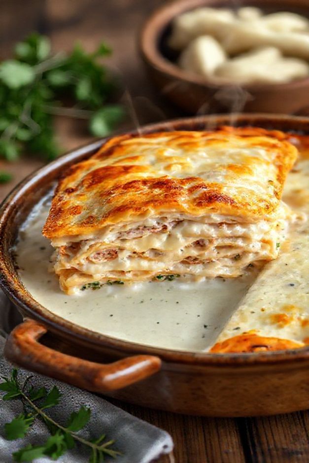 Lasanha de frango com molho branco recém-saída do forno, mostrando camadas perfeitas de massa, recheio cremoso e queijo gratinado dourado