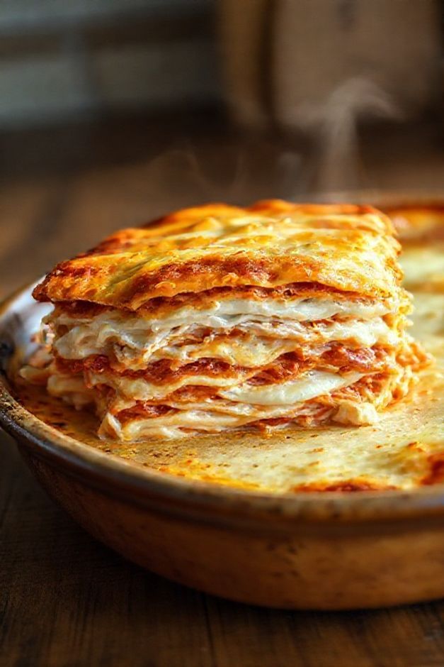 Lasanha de frango recém-assada com queijo derretido e camadas perfeitas visíveis no corte - ingredientes para lasanha de frango tudo gostoso