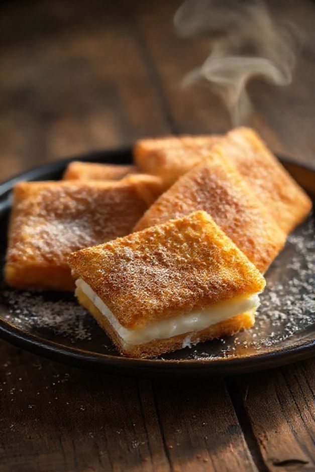 Leite Frito Crocante dourado servido em prato escuro, polvilhado com canela e açúcar, mostrando textura crocante exterior e interior cremoso